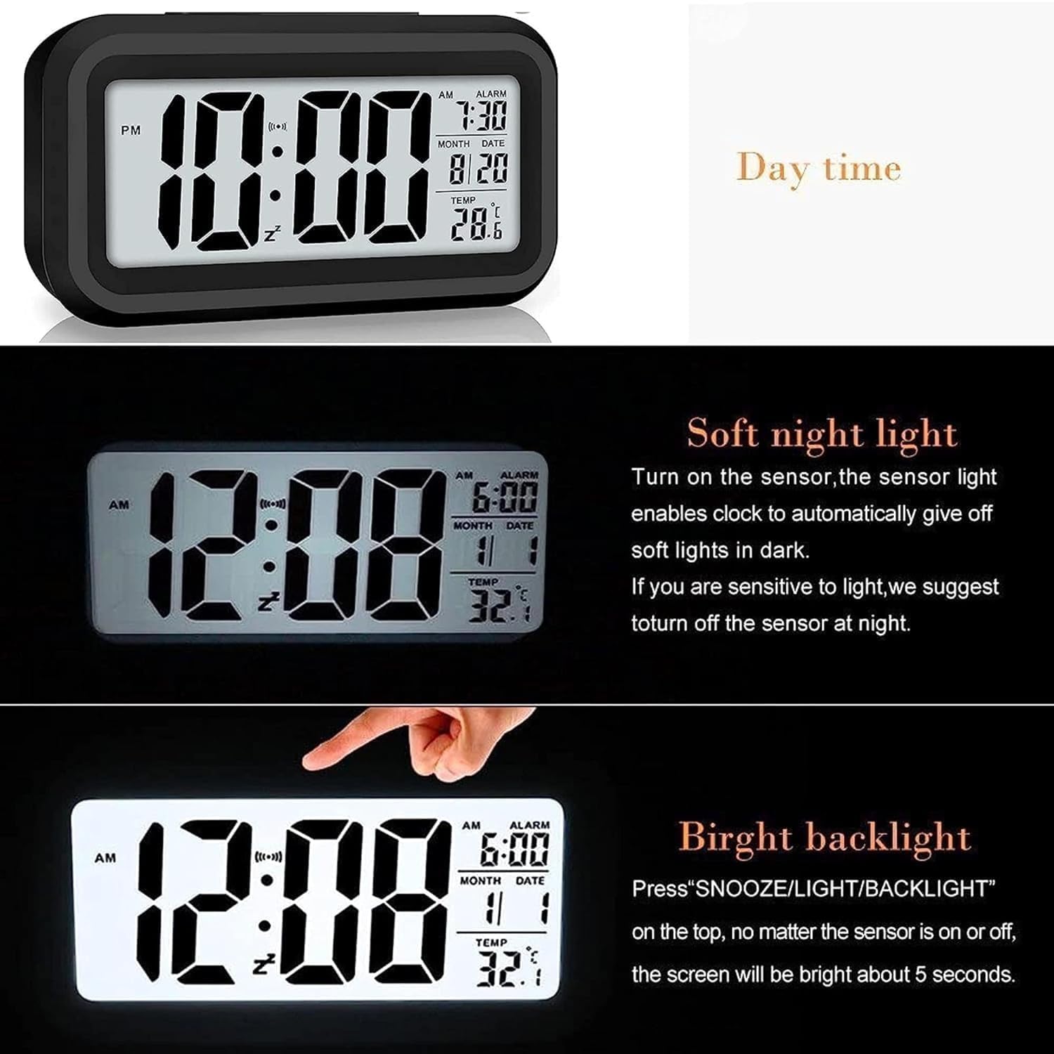 E-COSMOS Alarm Clock Digital Clock, Table Clock, Alarm for Students, Digital Alarm Clock, Clock for Study Table, Digital Clock for Table,Temperature Sensor & Date (14W x 8H cm) (Black Digital)
