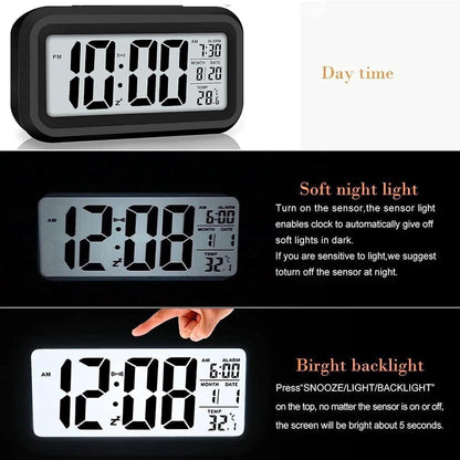 E-COSMOS Alarm Clock Digital Clock, Table Clock, Alarm for Students, Digital Alarm Clock, Clock for Study Table, Digital Clock for Table,Temperature Sensor & Date (14W x 8H cm) (Black Digital)
