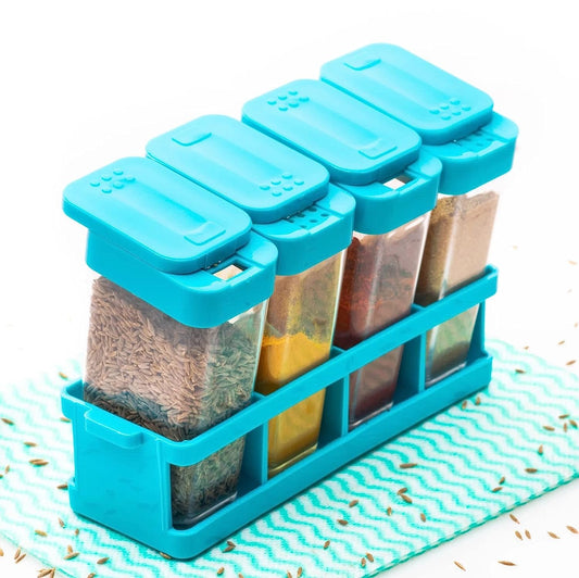 E-Cosmos Kitchen 4 Pcs Sets Airtight Rasoi Box Spice Storage Jar Masala Box Spice Container Idle for, Easy Flow Spice Storage Container with Tray
