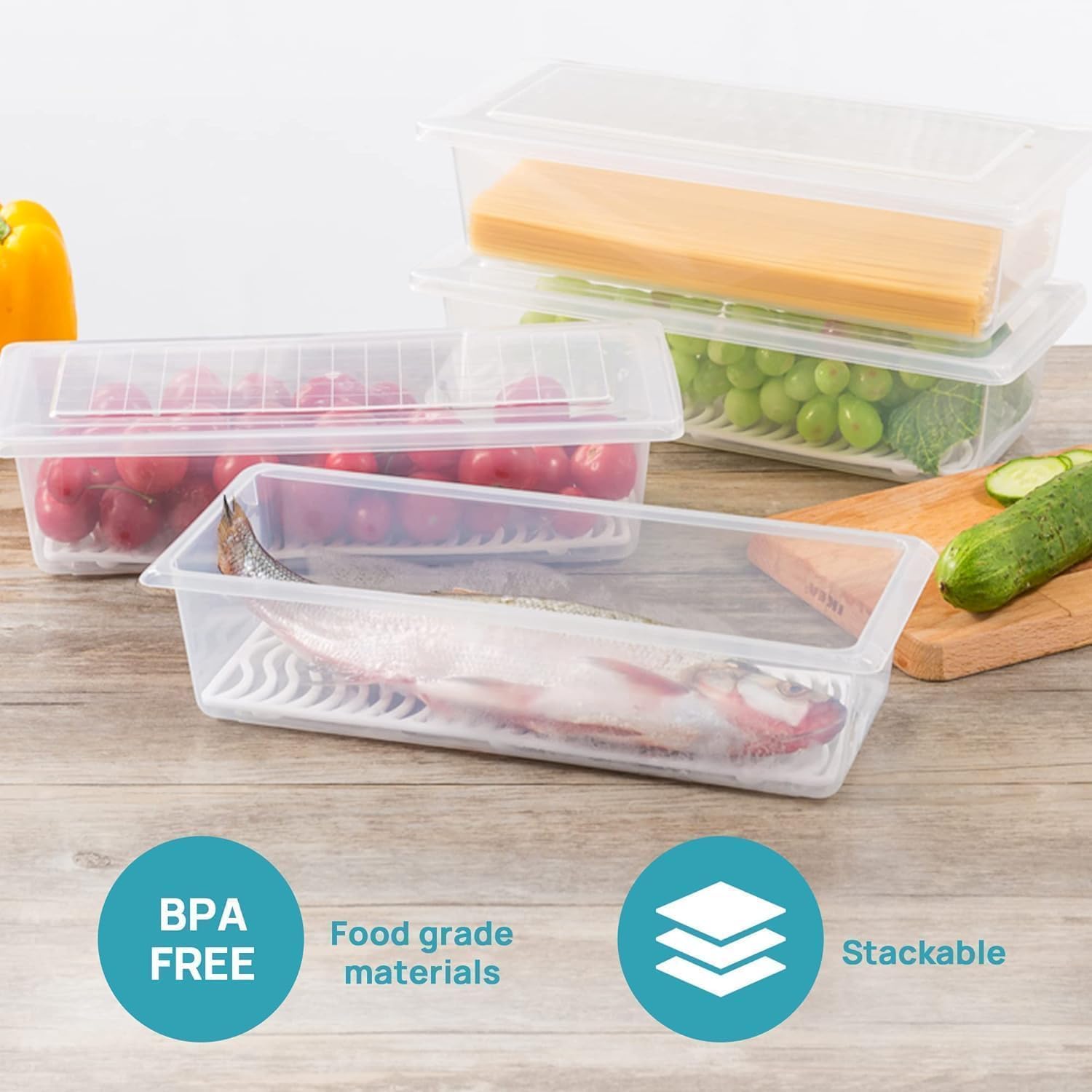 E-COSMOS Fridge Storage Boxes Pack Of 6 With Removable Drain Plate And Airtight Lid | Stackable Plastic Fridge Storage Containers Keeps Fruits, Vegetables, Meat, Fish Fresh Longer, 1500 Ml