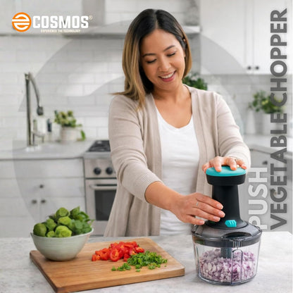 E-COSMOS® Manual Food Chopper, 900ml Hand-Press Vegetable Cutter & Mixer with 4 Stainless Steel Blades, Ideal for Onions, Salads, and Potatoes, Ocean Blue (Ocean Blue)