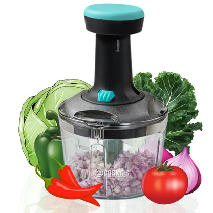 E-COSMOS® Manual Food Chopper, 900ml Hand-Press Vegetable Cutter & Mixer with 4 Stainless Steel Blades, Ideal for Onions, Salads, and Potatoes, Ocean Blue (Ocean Blue)