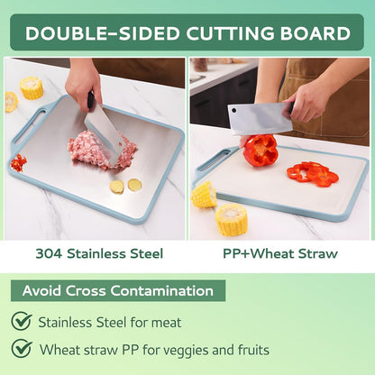 E-COSMOS® Reversible 2-in-1 Chopping Board, 304 Stainless Steel & Wheat Straw Double-Sided Cutting Board for Kitchen, Heavy Duty Extra Large 39x30 cm, Ideal for Meat, Vegetables & Fruit