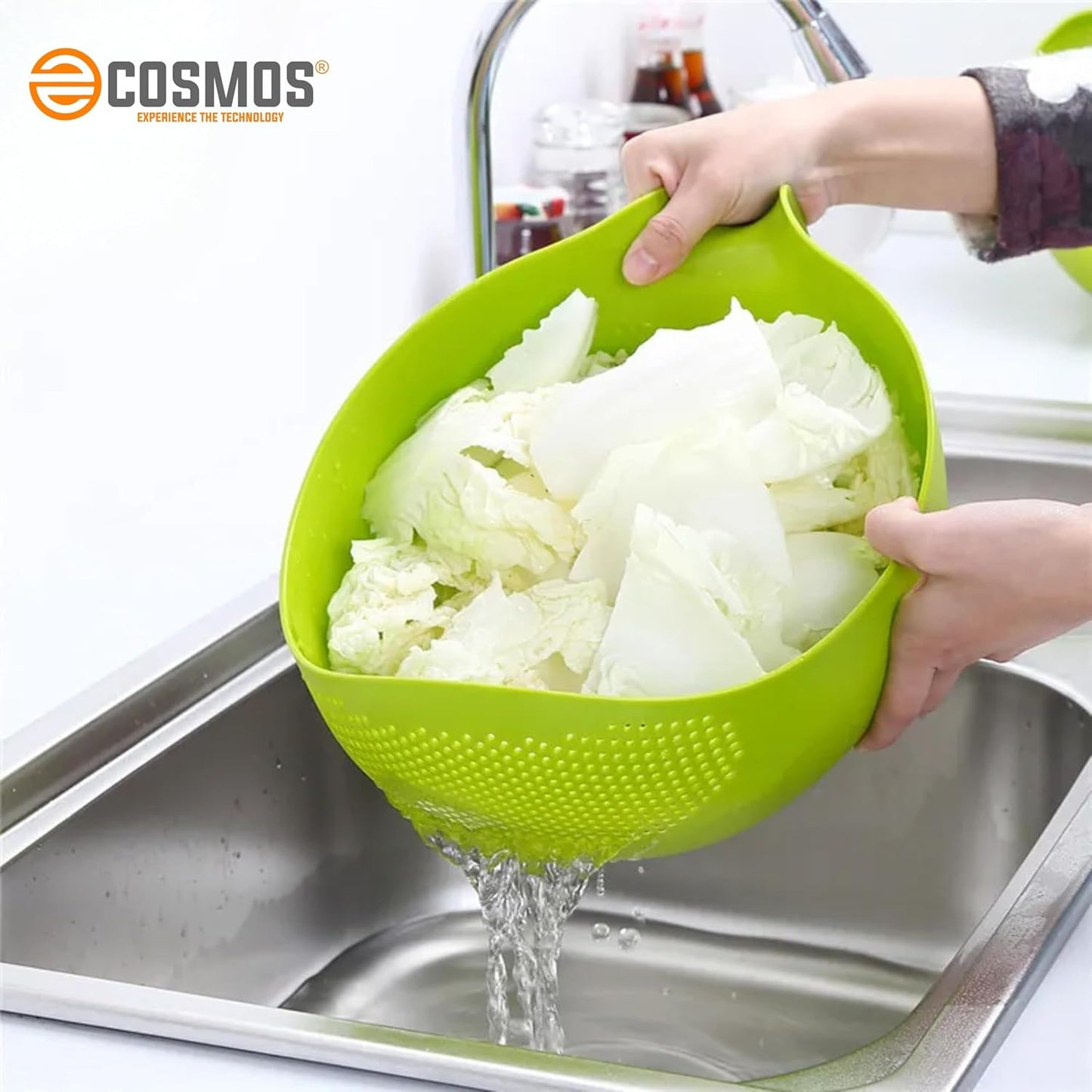 E-COSMOS Water Strainer Multi-Use Strainer/Washer Bowl for Rice Vegetable & Fruits (Rice Bowl) (Pack of 1, Green)