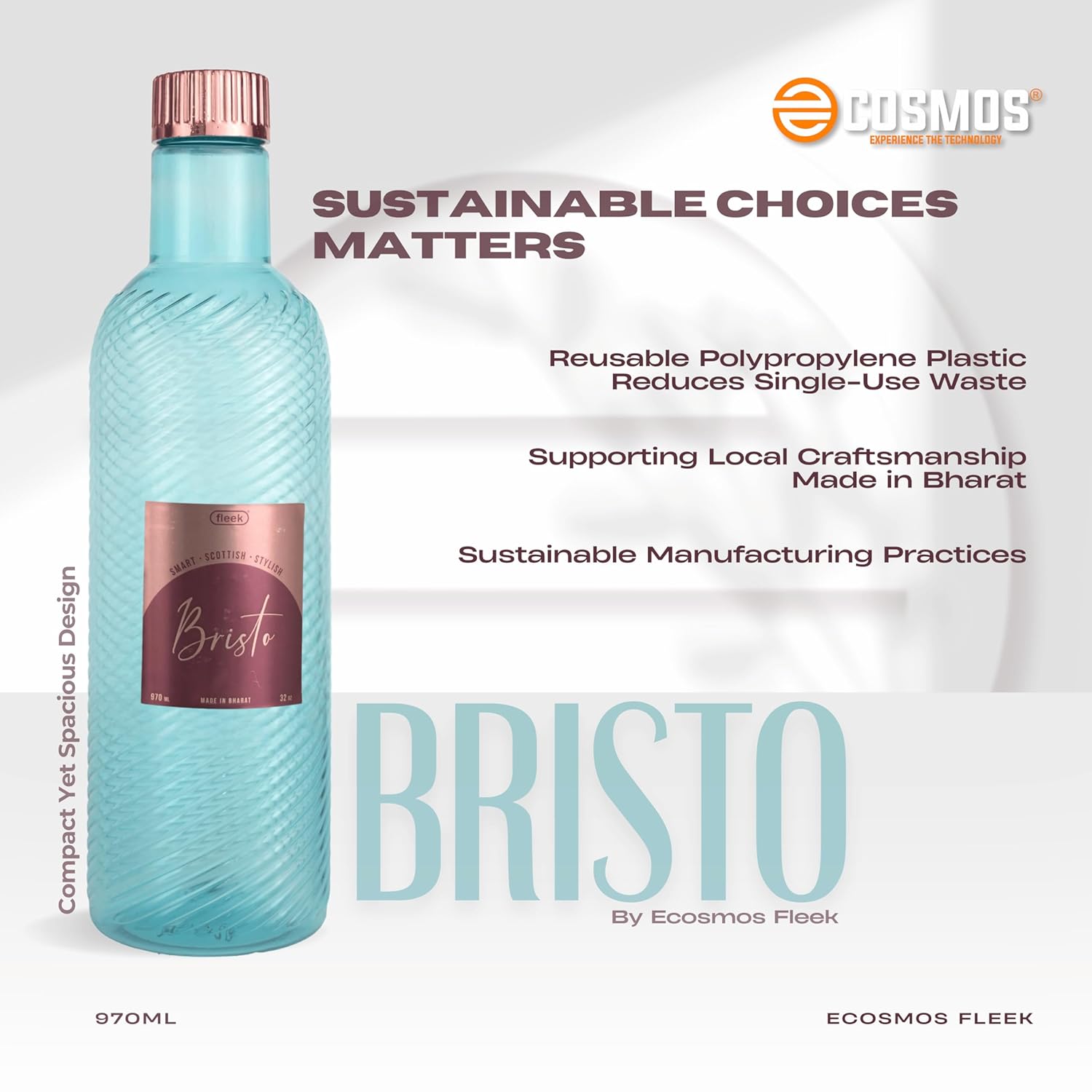 E-COSMOS 970ml Water Bottle - Reusable BPA-Free Fridge Bottle, Durable & Leak Proof for Travel & Work (Bristo) (Assorted) (POF 2)