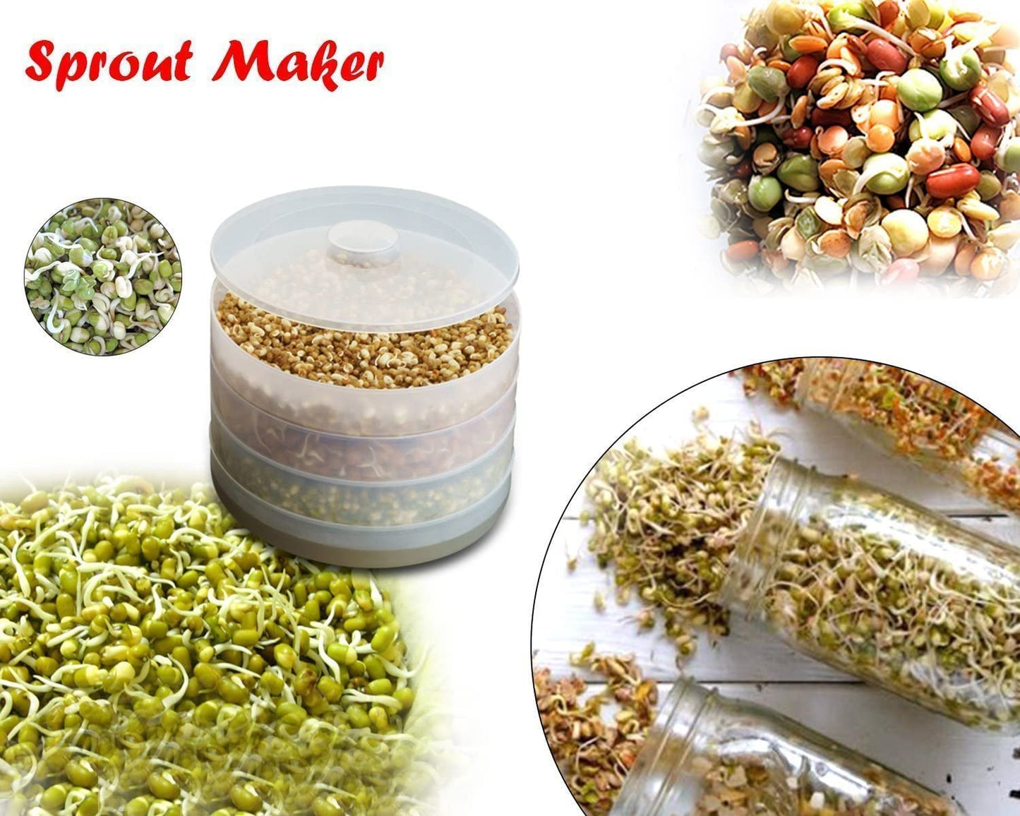 E-COSMOS Sprout Maker with 4 Compartments for Multi Purpose Use - Plastic Grocery Container Sprouted Grains Seeds Dal Channa Chole Ragi Organic Sprouting Jar (500ml,4-Layer)