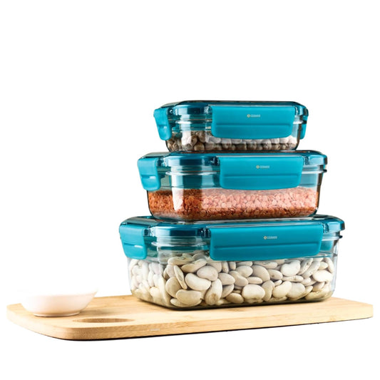 E-COSMOS Airtight Food Storage Jar Container- Versatile Set of 3 Transparent Containers leak Proof (250ml, 650ml, 1250ml) Ideal for Kitchen Organization (Tarquise)
