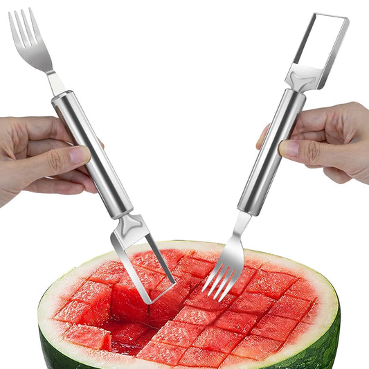 E-COSMOS 2 Pack Watermelon Fork Cutter Slicer Tool, 2-in-1 Stainless Steel Fruit Cutter Melon Slicer Cutter Tool, Watermelon Cutting Tool for Home Party Camping Kitchen Gadget (Pack of 2)
