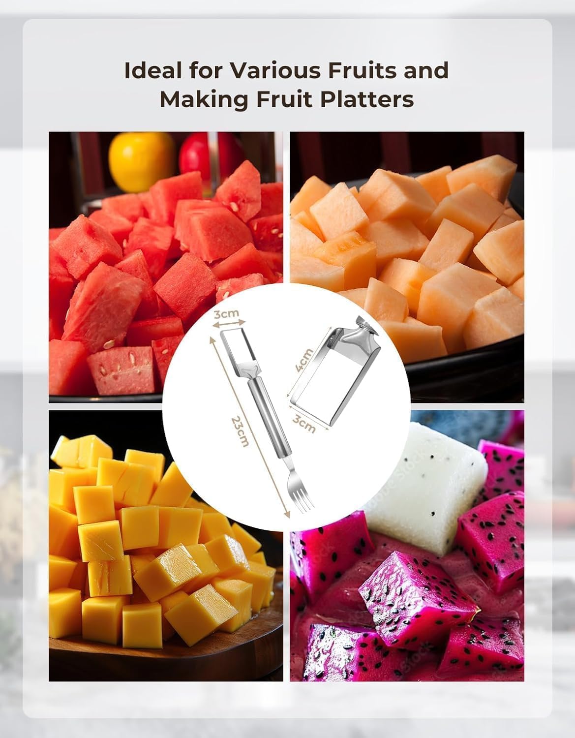 E-COSMOS 2 Pack Watermelon Fork Cutter Slicer Tool, 2-in-1 Stainless Steel Fruit Cutter Melon Slicer Cutter Tool, Watermelon Cutting Tool for Home Party Camping Kitchen Gadget (Pack of 2)