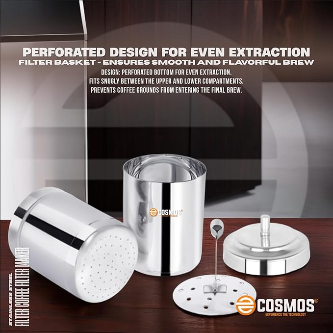E-COSMOS Durable Stainless Steel Coffee Decoction Maker - 200ml Capacity for Making 2-4 Cups of Traditional Filter Coffee (Pack of 1, Steel)