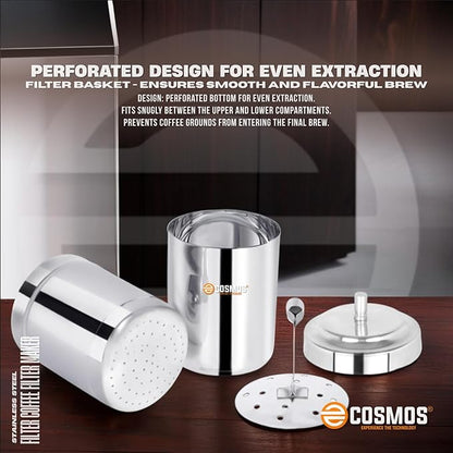 E-COSMOS Durable Stainless Steel Coffee Decoction Maker - 200ml Capacity for Making 2-4 Cups of Traditional Filter Coffee (Pack of 1, Steel)