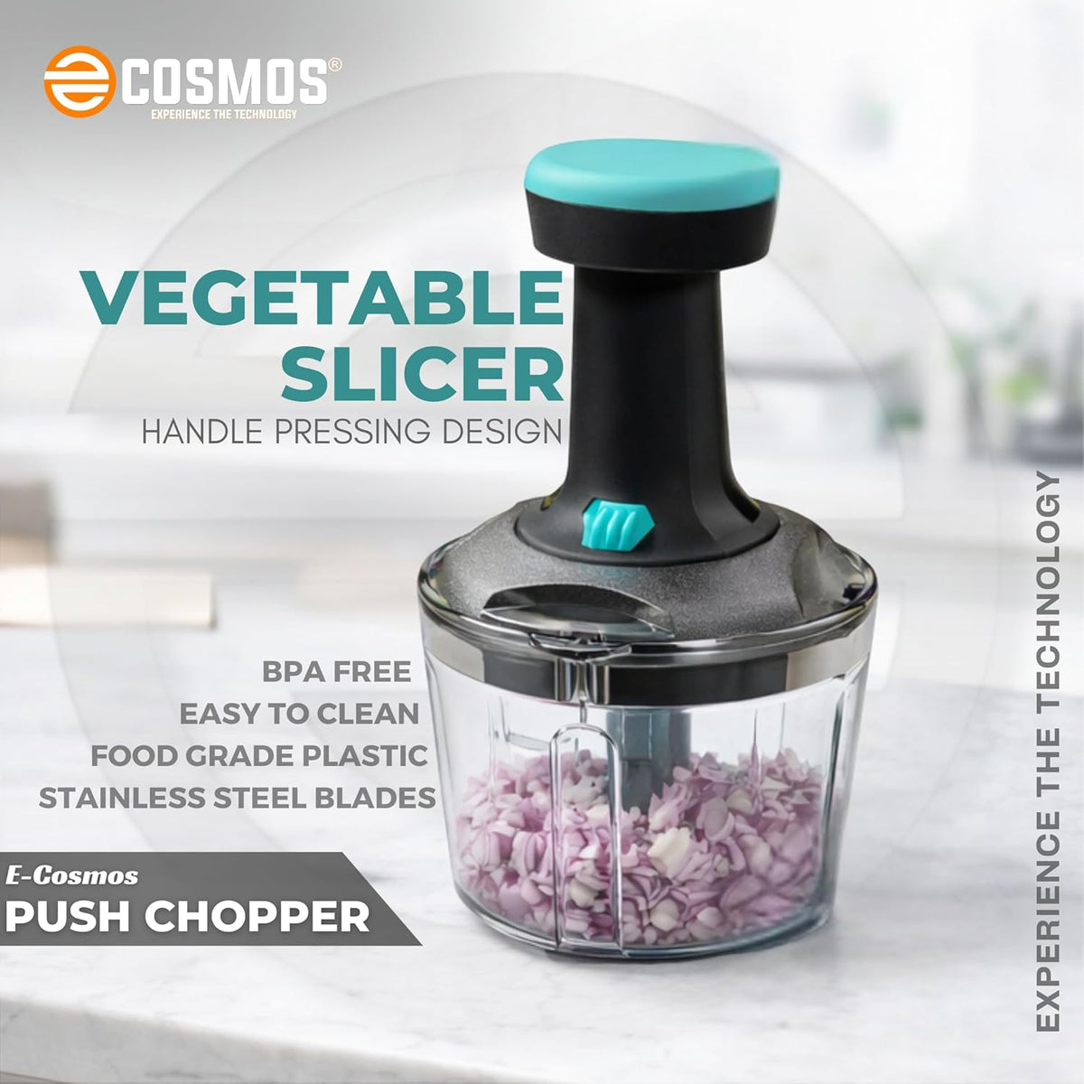 E-COSMOS® Manual Food Chopper, 900ml Hand-Press Vegetable Cutter & Mixer with 4 Stainless Steel Blades, Ideal for Onions, Salads, and Potatoes, Ocean Blue (Ocean Blue)