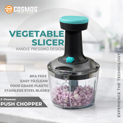 E-COSMOS® Manual Food Chopper, 900ml Hand-Press Vegetable Cutter & Mixer with 4 Stainless Steel Blades, Ideal for Onions, Salads, and Potatoes, Ocean Blue (Ocean Blue)