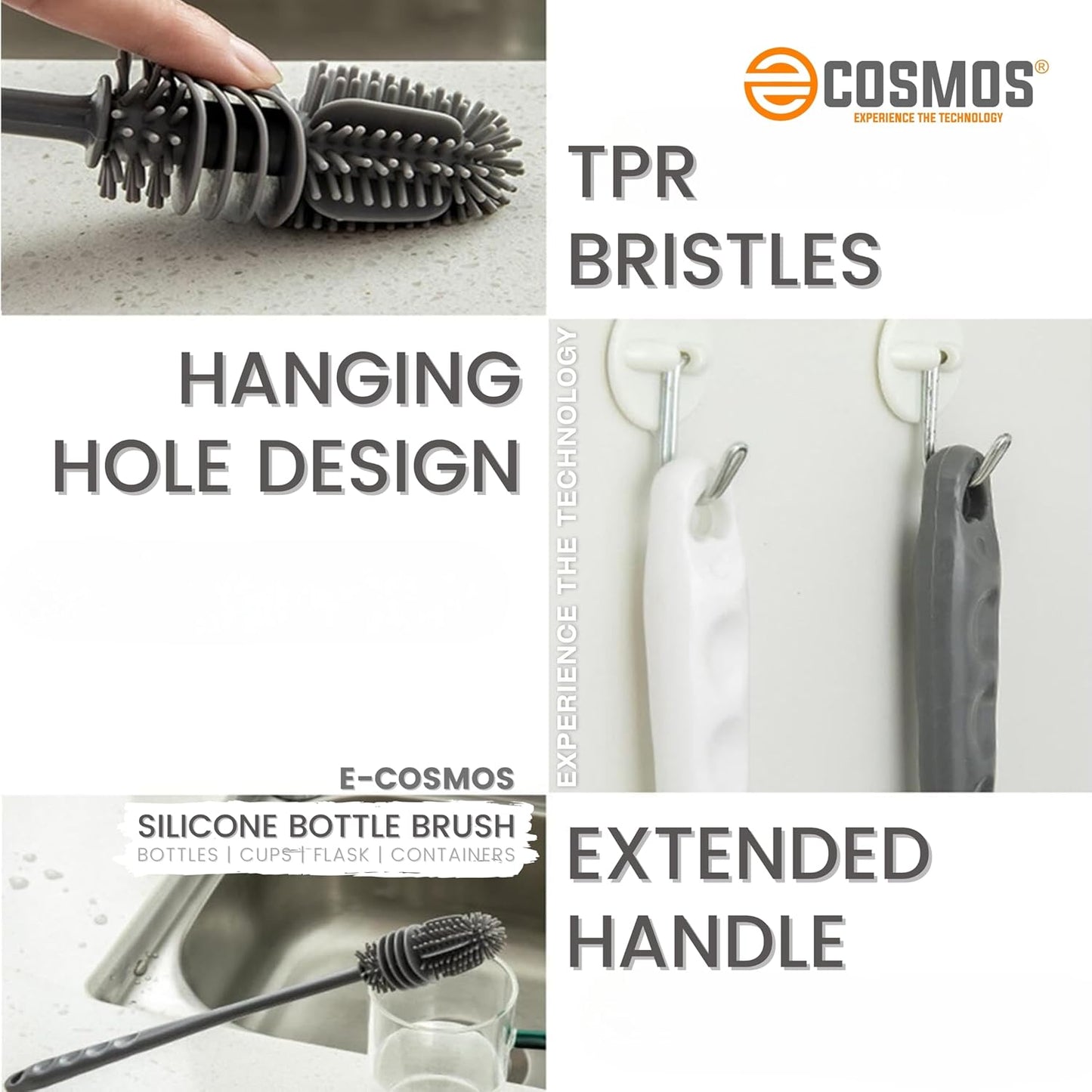 E-COSMOS Bottle Cleaning Brush Silicone Long Handle, Water Bottle, Containers, Vase and Glass, Bottle Cleaner for Kitchen Accessories Kitchen Tools Item Products Gadgets