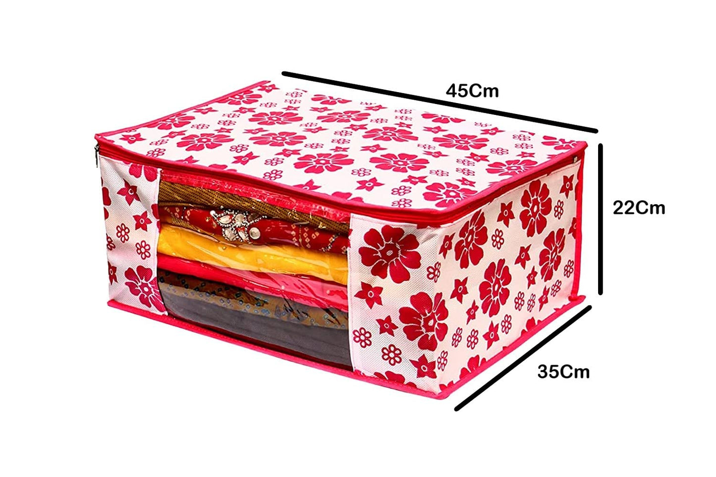 E-COSMOS Flower Design 6 Piece Non Woven Fabric Saree Cover Set with Transparent Window, Extra Large, Pink (Pack of 12)