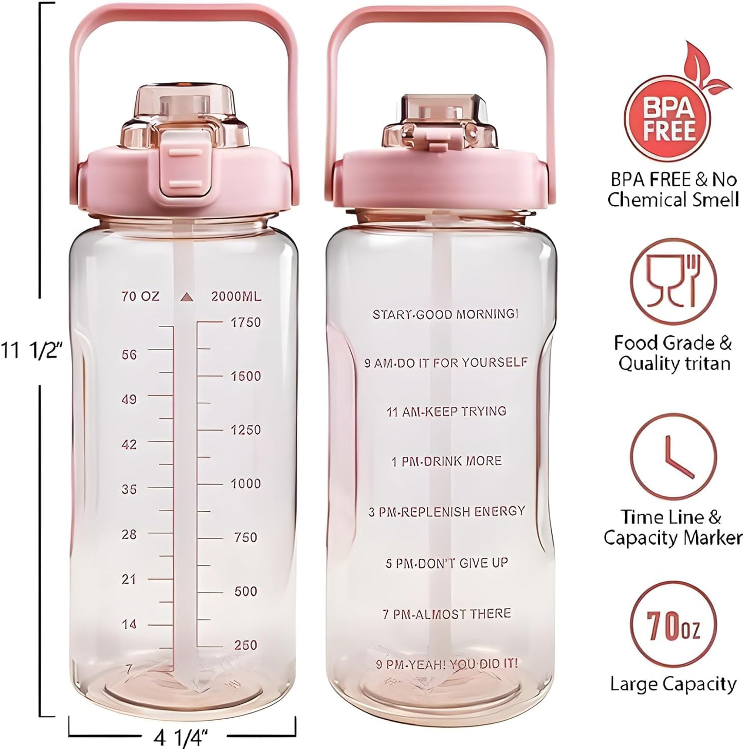 E-COSMOS 2L Capacity Belt Straw Transparent Motivational Water Bottle