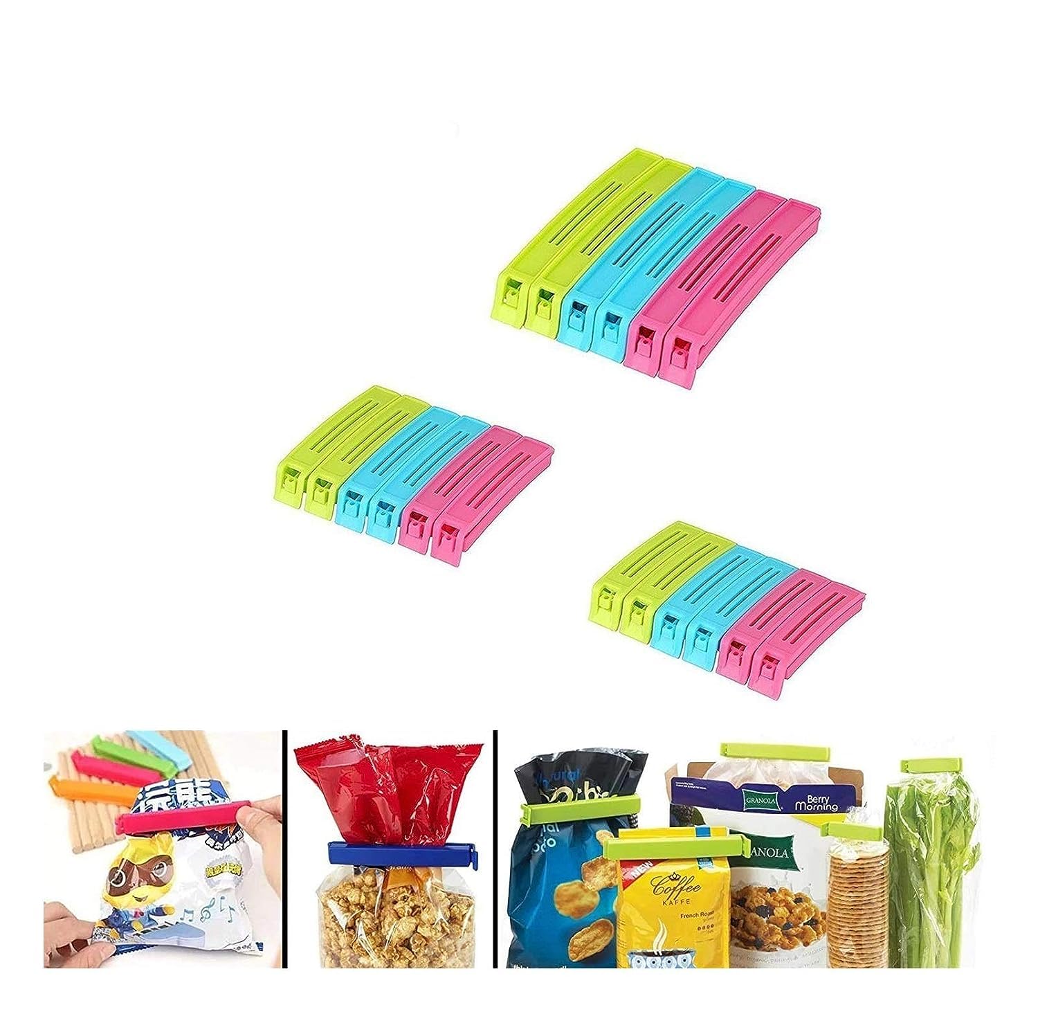 E-Cosmos 18 Pcs - 3 Different Size Plastic Food Snack Bag Pouch Clip Sealer Large, Medium, Small Plastic Snack Seal Sealing Bag Clips Vacuum Sealer (Set of 18, Multi-Color), Mix Size