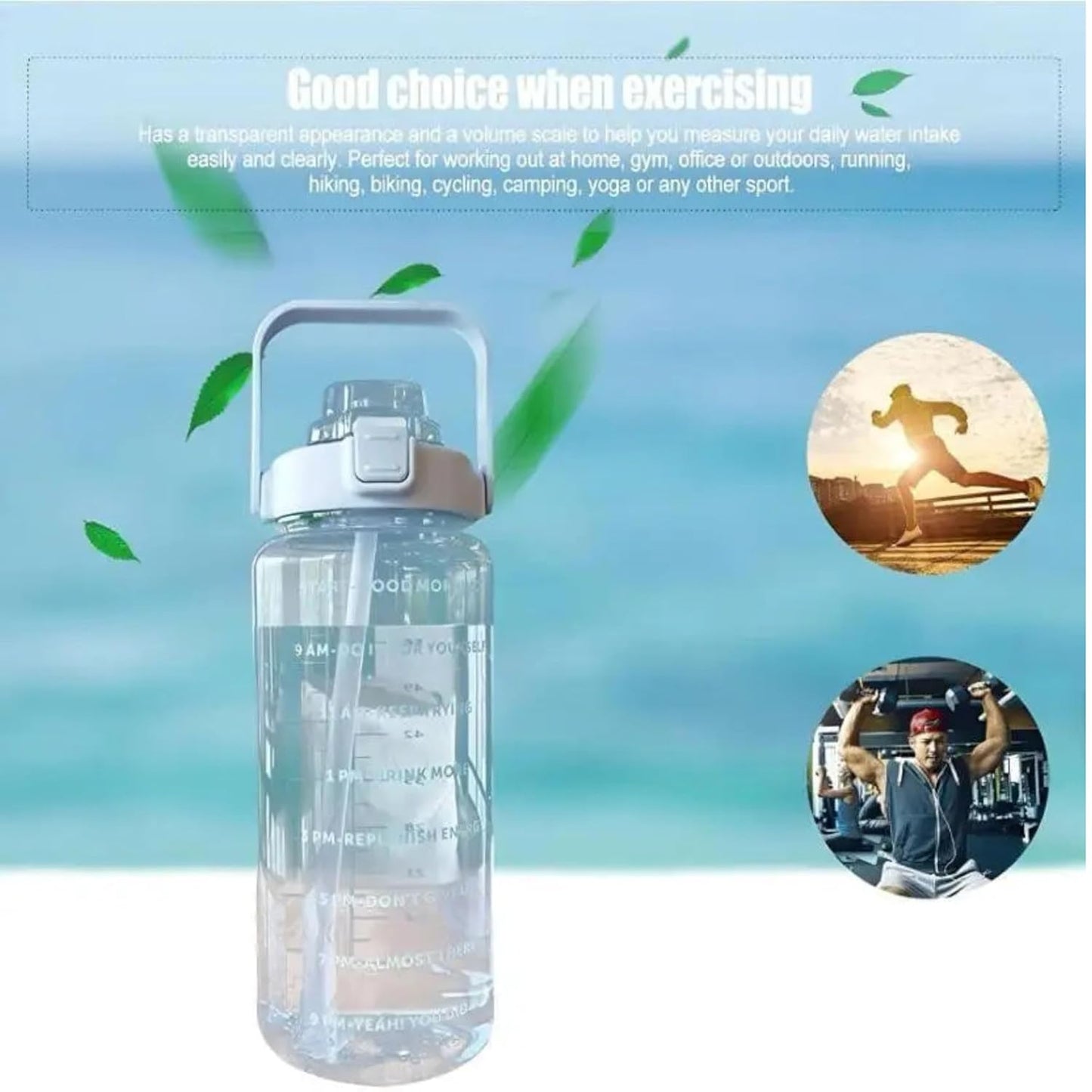 E-COSMOS 2L Capacity Belt Straw Transparent Motivational Water Bottle