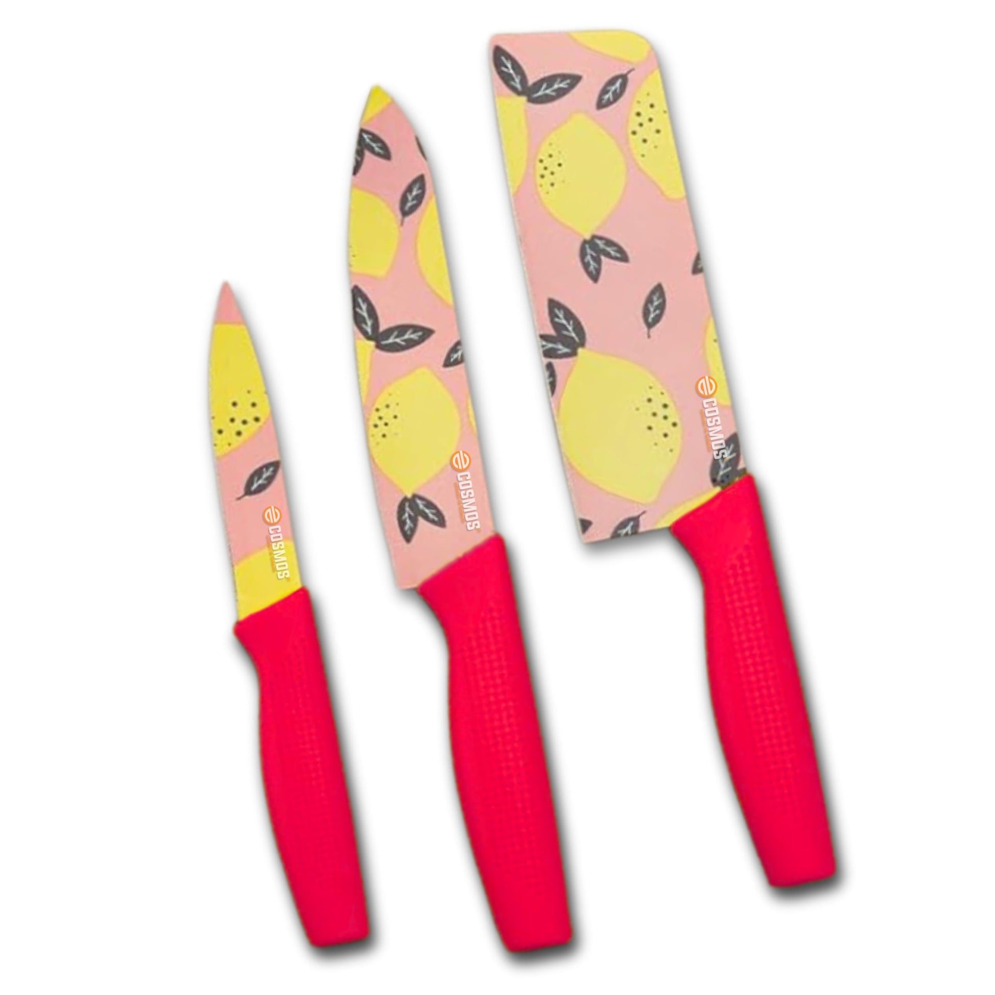 E-COSMOS Professional 3-Piece Kitchen Knife Set - High Carbon Stainless Steel Chef, Utility & Santoku Knives with Ergonomic Blue Handles (3PC) Blue