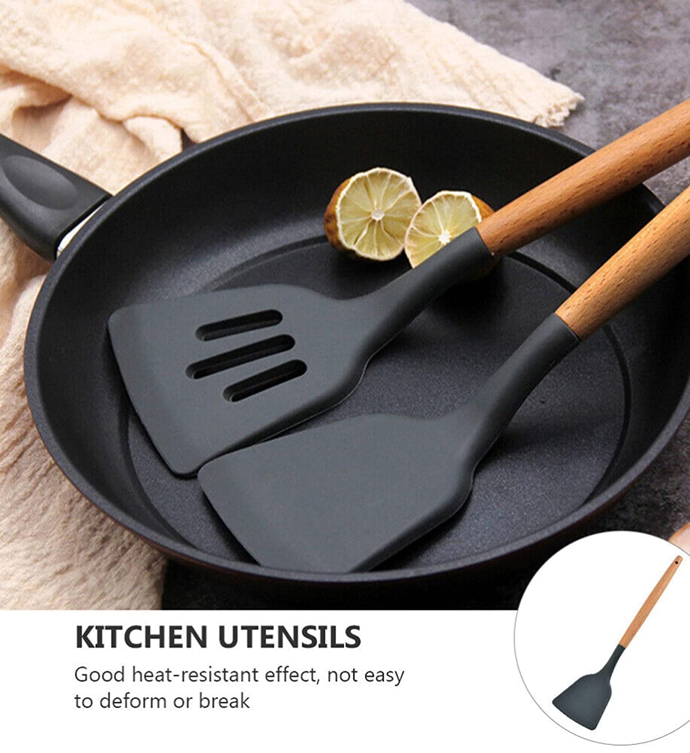 E-COSMOS Stylish Silicone Cooking & Baking Utensil Set - 12 Pcs Non-Stick Kitchen Tools with Wooden Handles - Eco-Friendly, BPA-Free & Heat Resistant (Black)