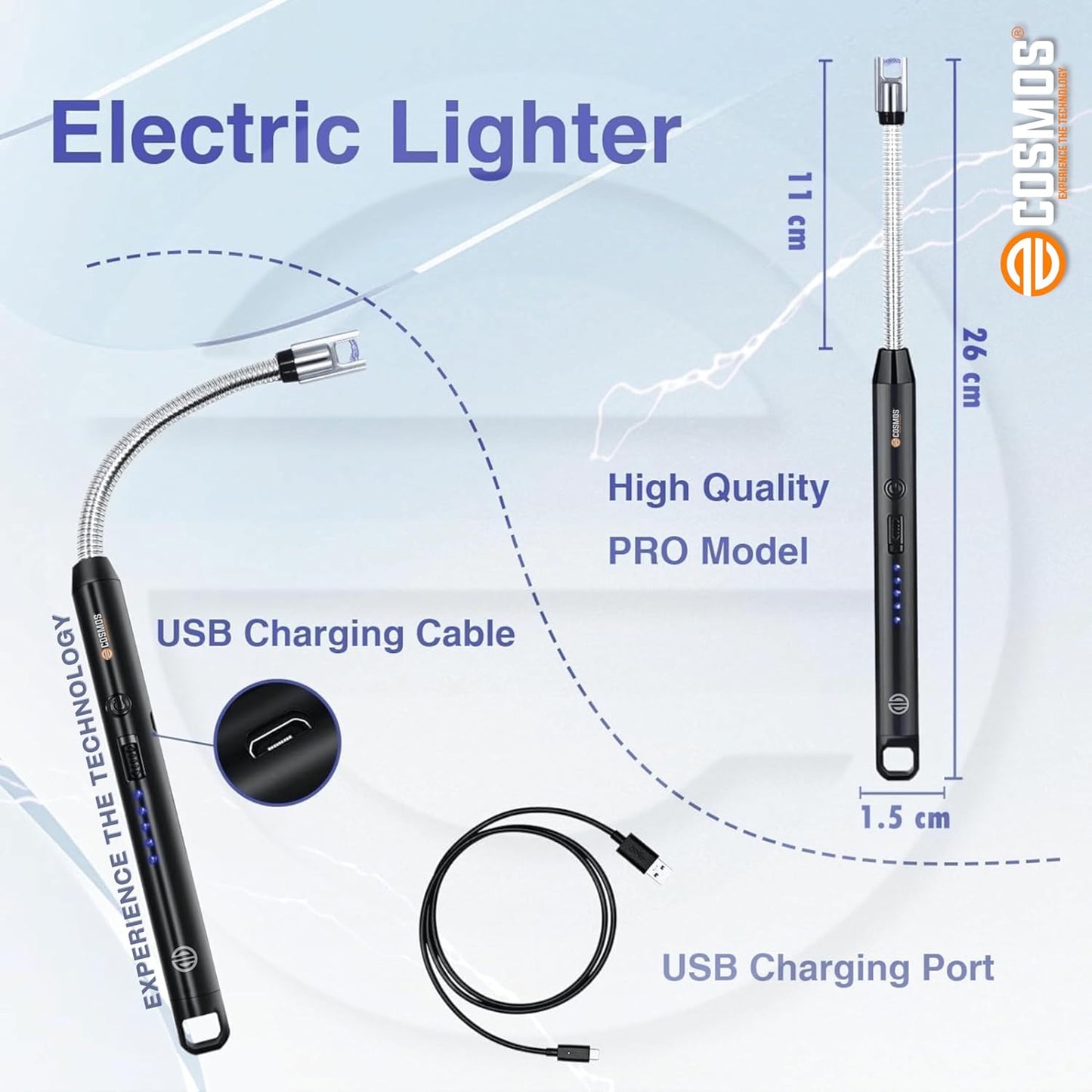 E-COSMOS Electric Lighter for Candles Rechargeable Electric Gas Home Use Candle Plasma Flameless Windproof USB 360° Flexible Neck Arc (Multicolor)