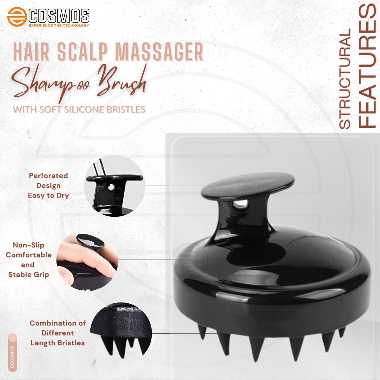 E-COSMOS Hair Scalp Massager Shampoo Brush with Soft Silicone Bristles Kitchen for Anti Dandruff Removal Head Massager Prevents Hair Loss for Men, Women (Black)