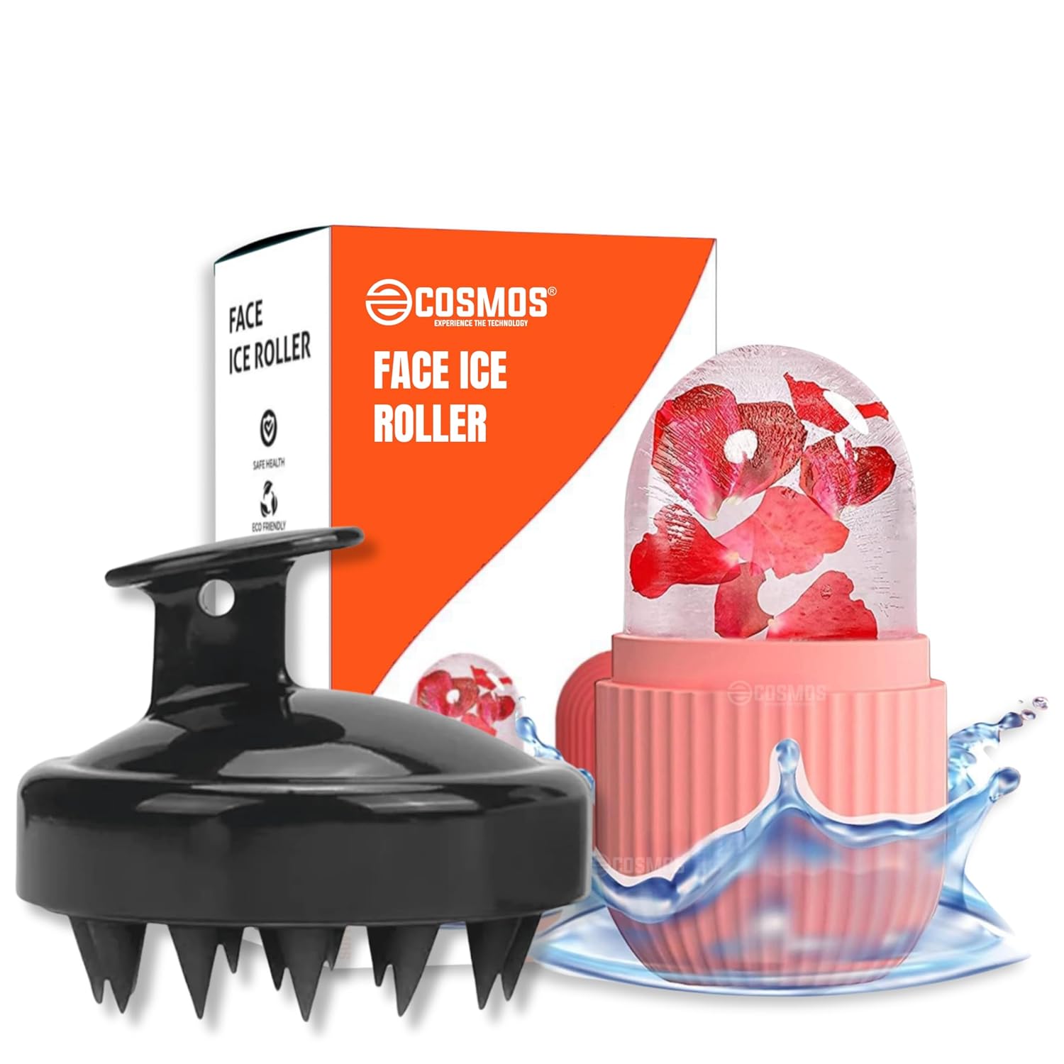 E-COSMOS Scalp Massager & Ice Roller with Soft Silicon Bristles, Facial Ice Roller Cube for Eyes, Neck Massage, Dark Circle Removal, Pore Shrinking, Hair Growth Promotion (Combo)