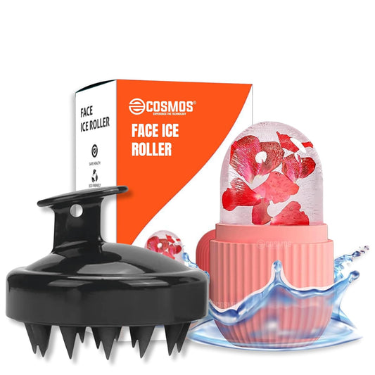 E-COSMOS Scalp Massager & Ice Roller with Soft Silicon Bristles, Facial Ice Roller Cube for Eyes, Neck Massage, Dark Circle Removal, Pore Shrinking, Hair Growth Promotion (Combo)