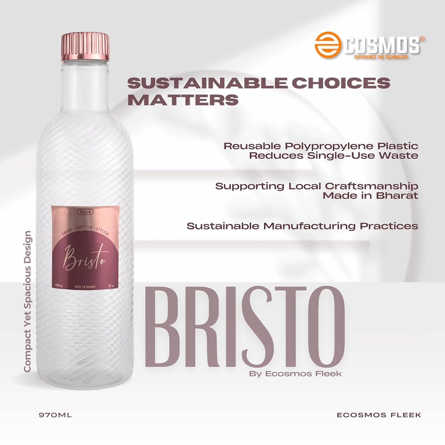 E-COSMOS 970ml Water Bottle - Reusable BPA-Free Fridge Bottle, Durable & Leak Proof for Travel & Work (Bristo) (Assorted) POF 1