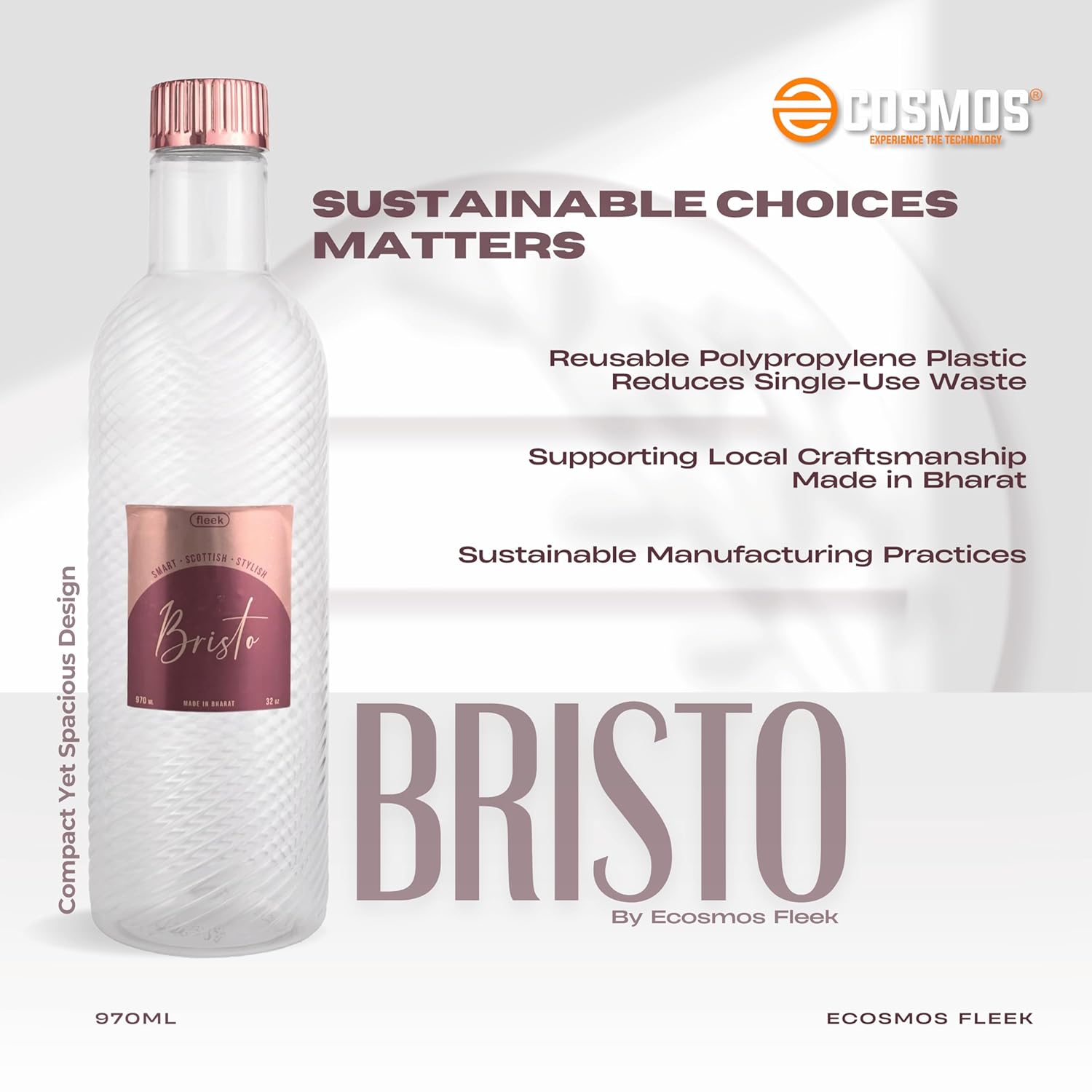 E-COSMOS 970ml Water Bottle - Reusable BPA-Free Fridge Bottle, Durable & Leak Proof for Travel & Work (Bristo) (Assorted) POF 1