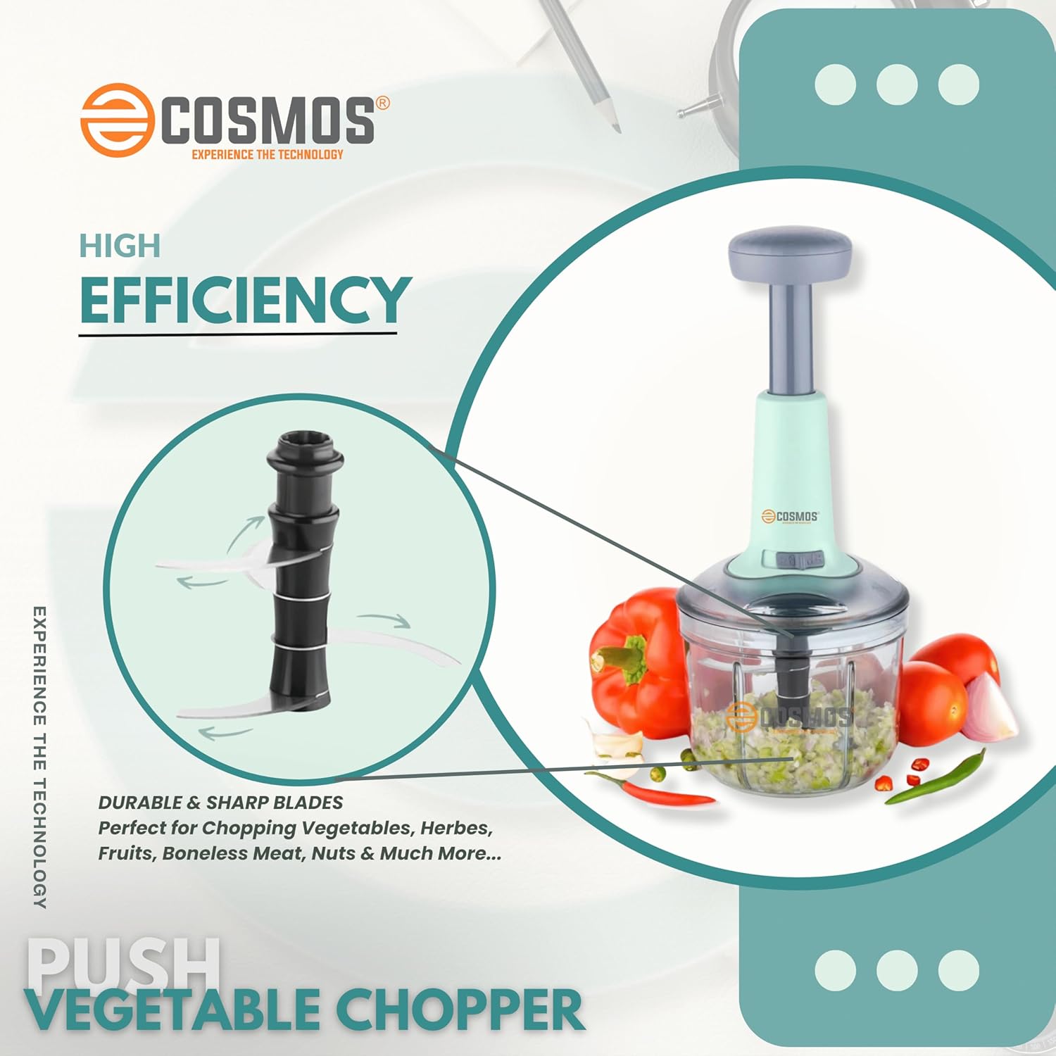 E-COSMOS Food Chopper 900ml, 4 Blade Steel Large Manual Hand-Press Vegetable Chopper Mixer Cutter to Cut Onion, Salad, Tomato, Potato (Pack of 1) 900ml