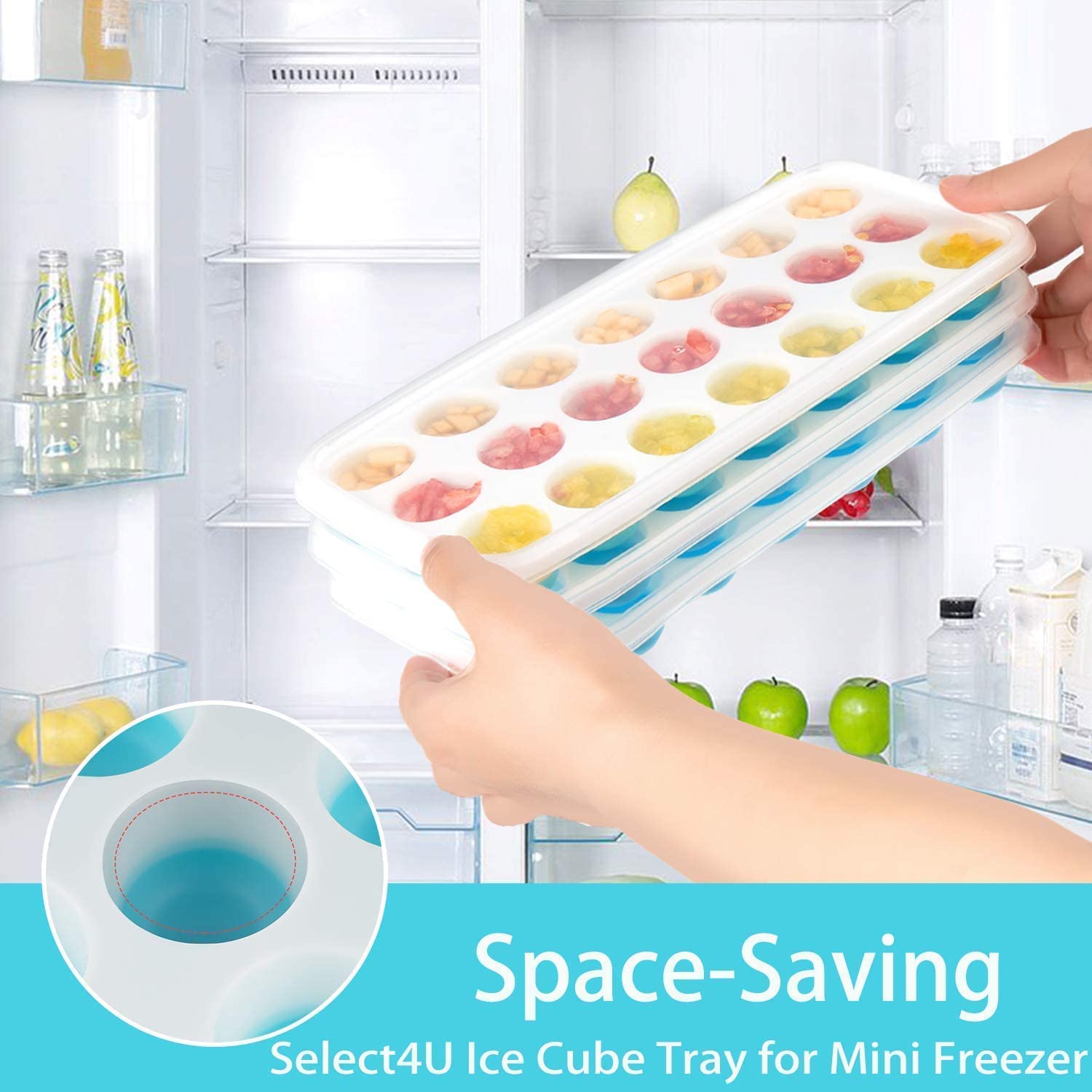 E-COSMOS Flexible Silicone Ice Cube Trays (2 Pack) - 21 Cavity Design with Lid, Stackable & Easy Release, Food Grade, BPA-Free for Freezing Drinks - Blue & Green