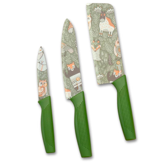 E-COSMOS Professional 3-Piece Kitchen Knife Set - High Carbon Stainless Steel Chef, Utility & Santoku Knives with Ergonomic Blue Handles (3PC) Blue