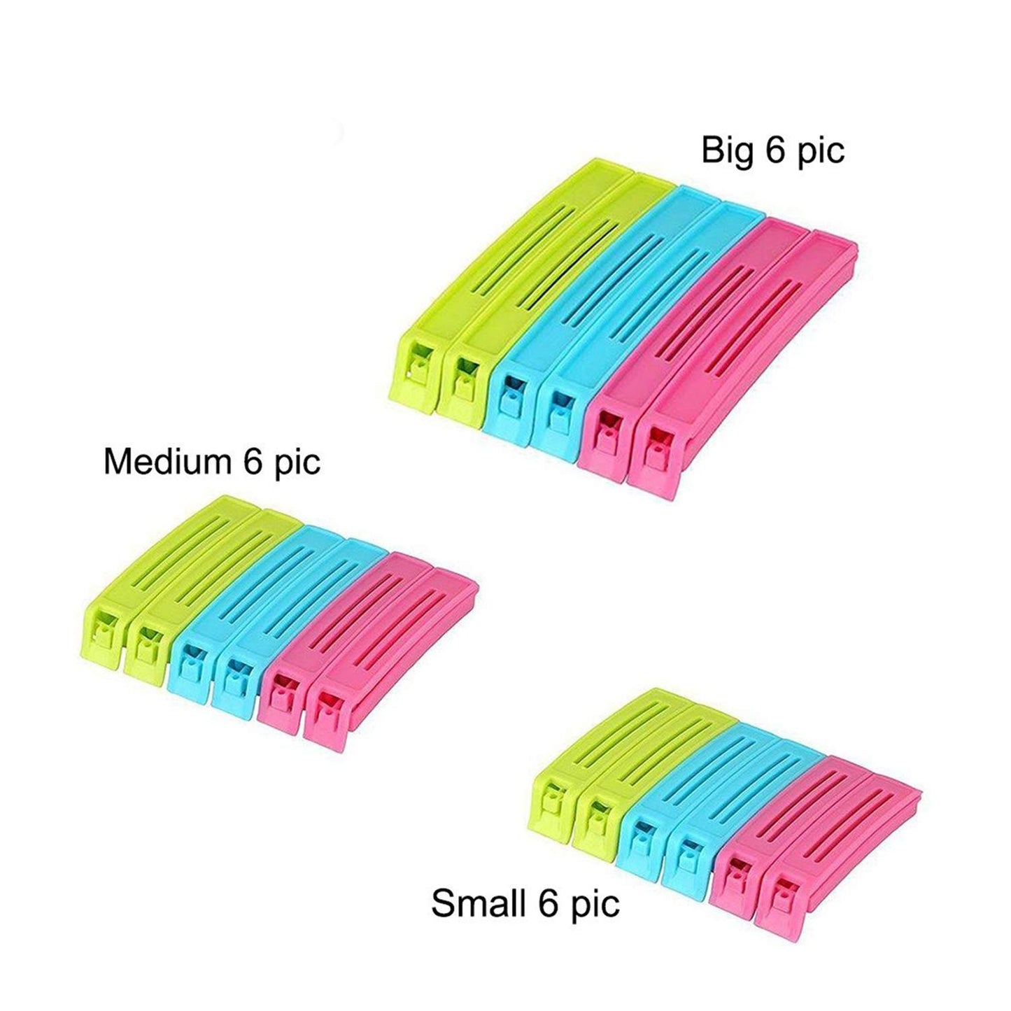 E-Cosmos 18 Pcs - 3 Different Size Plastic Food Snack Bag Pouch Clip Sealer Large, Medium, Small Plastic Snack Seal Sealing Bag Clips Vacuum Sealer (Set of 18, Multi-Color), Mix Size