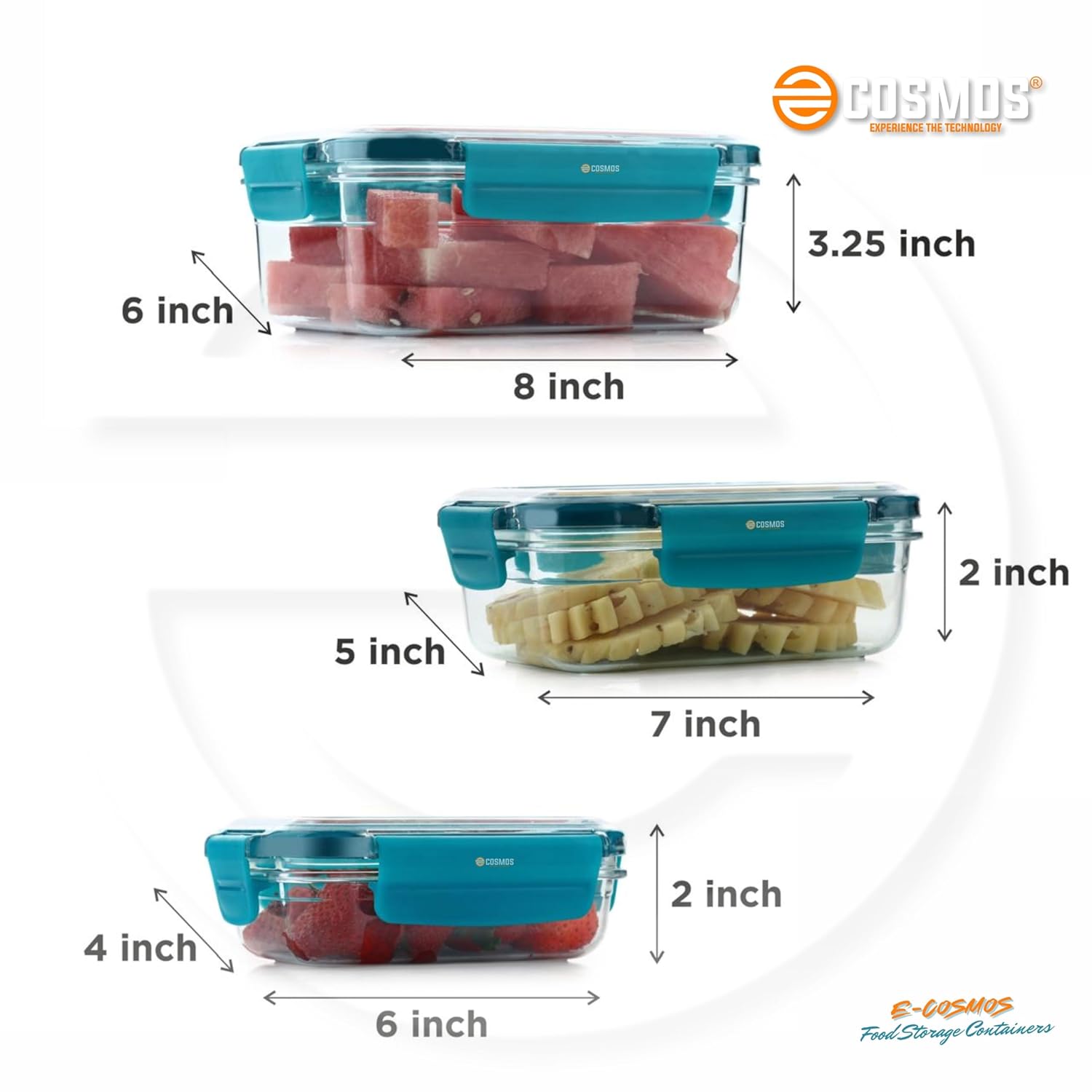 E-COSMOS Airtight Food Storage Jar Container- Versatile Set of 3 Transparent Containers leak Proof (250ml, 650ml, 1250ml) Ideal for Kitchen Organization (Tarquise)