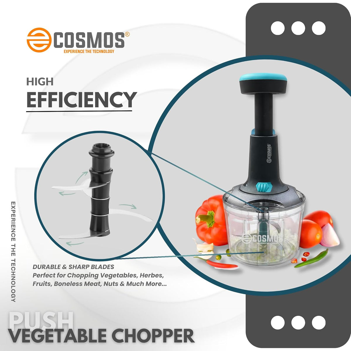 E-COSMOS® Manual Food Chopper, 900ml Hand-Press Vegetable Cutter & Mixer with 4 Stainless Steel Blades, Ideal for Onions, Salads, and Potatoes, Ocean Blue (Ocean Blue)