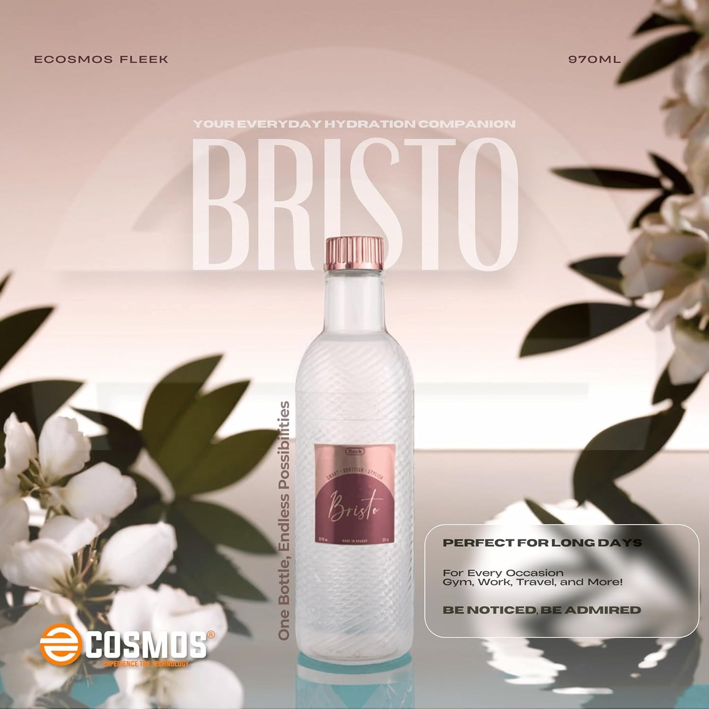 E-COSMOS 970ml Water Bottle - Reusable BPA-Free Fridge Bottle, Durable & Leak Proof for Travel & Work (Bristo) (Assorted) POF 1