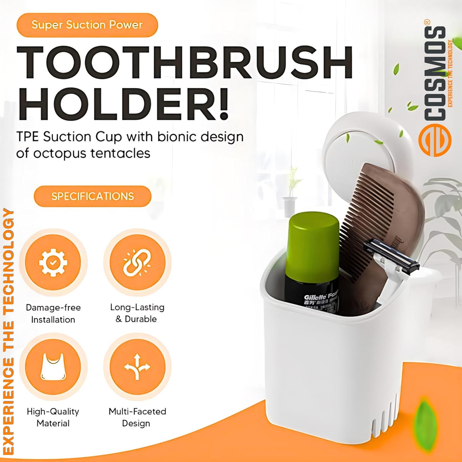 E-COSMOS Wall Mounted Self Adhesive Plastic Toothbrush Holder for Toothbrushes, Toothpaste, Shaver, Razor & Make Up Brush (POF2).