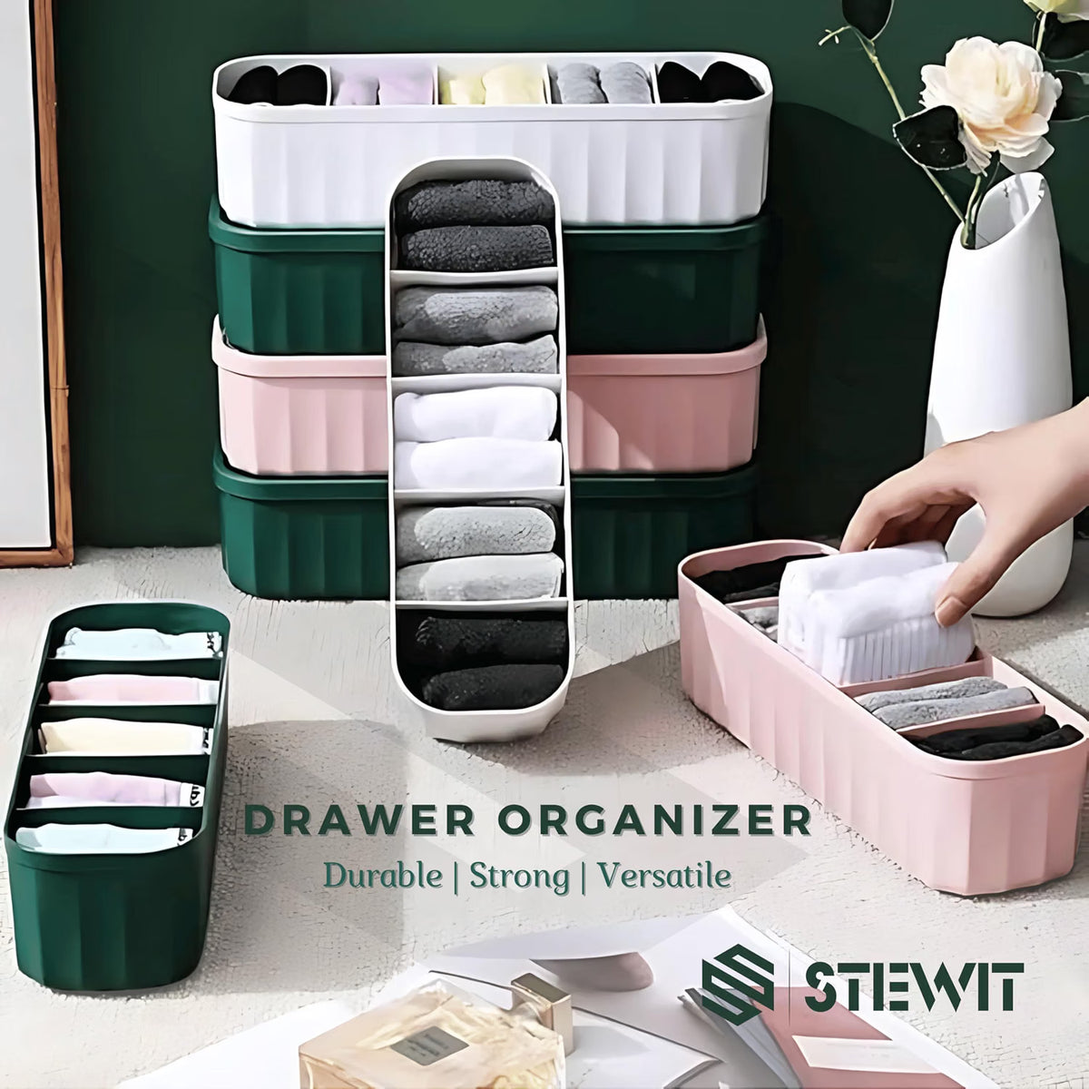 Stewit® Drawer Organizers for Undergarments, Socks, Bras, Ties, Scarves, Wardrobe Storage Box Kitchen Tools (2 Pcs, Multicolor)