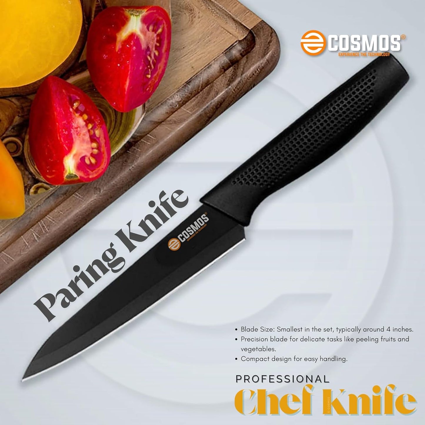 E-COSMOS Professional 3-Piece Kitchen Knife Set - High Carbon Stainless Steel Chef, Utility & Santoku Knives with Ergonomic Blue Handles (3PC) (Black)