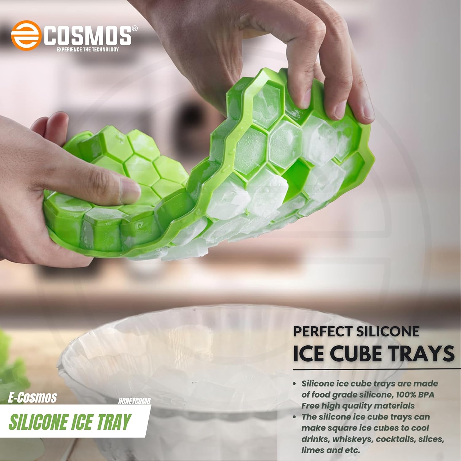 E-COSMOS Ice Cube Tray Silicone for Freezer Honeycomb 37 Cavity Ice Cube Mould Flexible Tray for Freezer, Chocolate Cake Maker, Ice Trays for Chilled Drinks, Reusable (Multi Color)