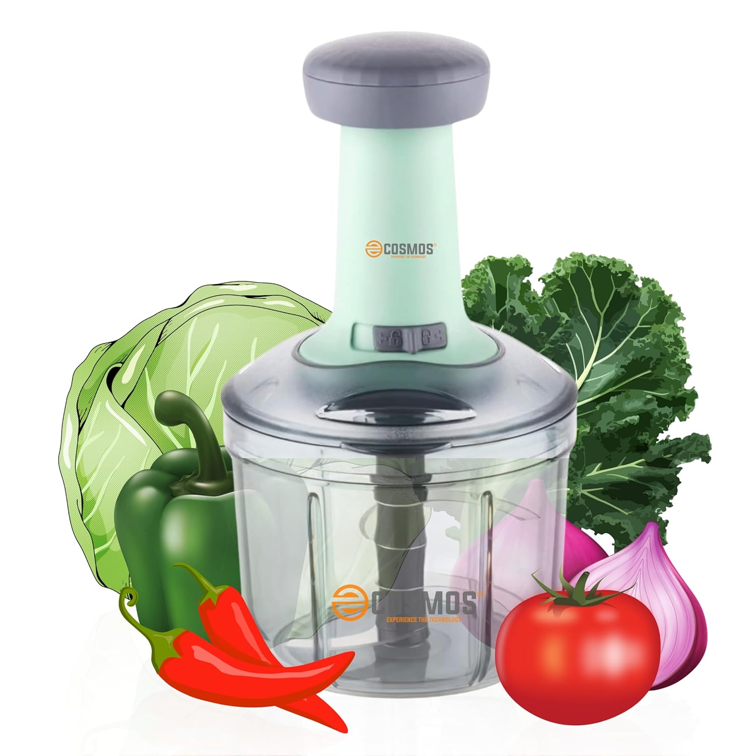 E-COSMOS Food Chopper 900ml, 4 Blade Steel Large Manual Hand-Press Vegetable Chopper Mixer Cutter to Cut Onion, Salad, Tomato, Potato (Pack of 1) 900ml