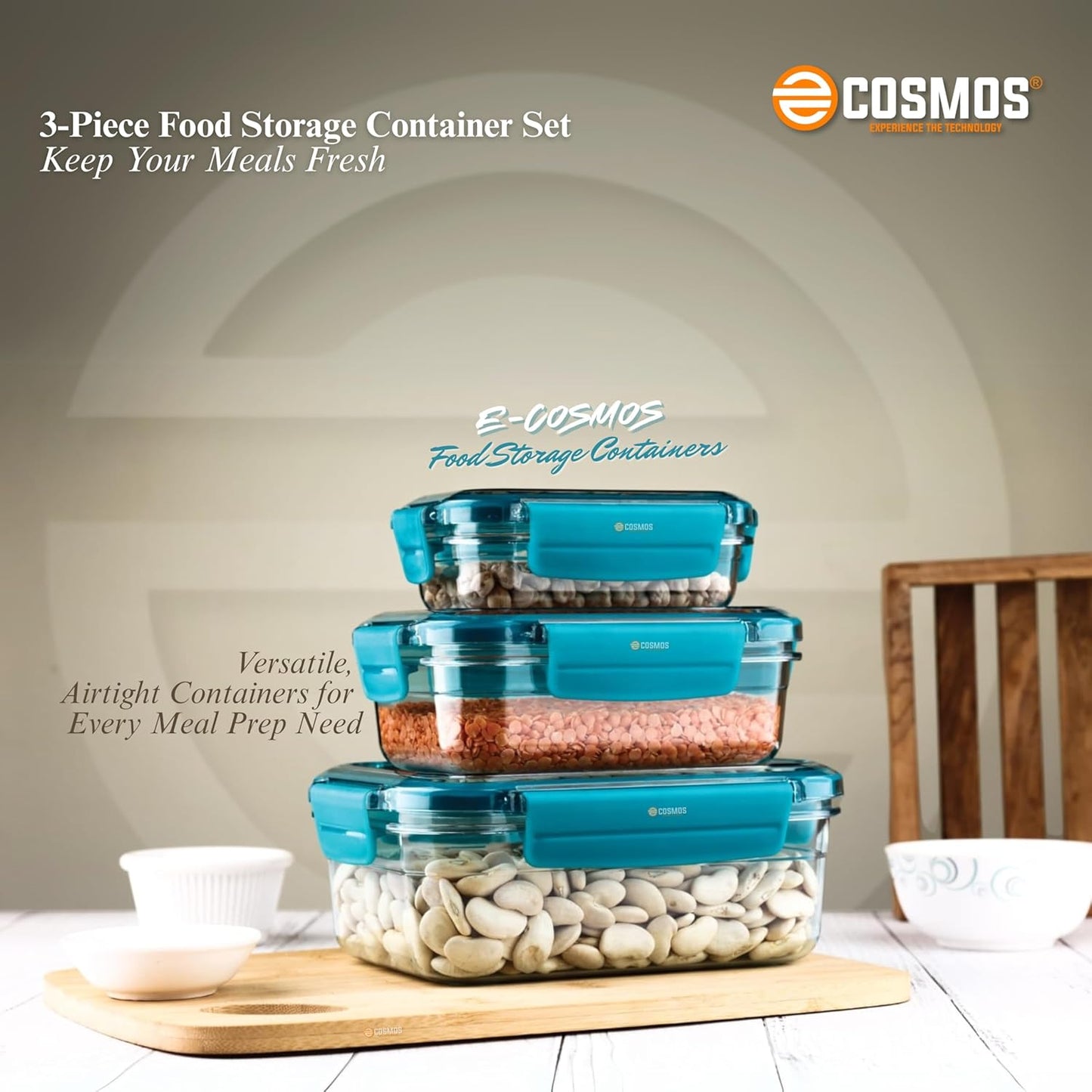 E-COSMOS Airtight Food Storage Jar Container- Versatile Set of 3 Transparent Containers leak Proof (250ml, 650ml, 1250ml) Ideal for Kitchen Organization (Tarquise)