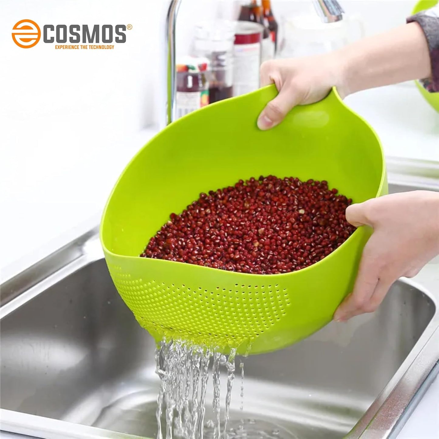 E-COSMOS Water Strainer Multi-Use Strainer/Washer Bowl for Rice Vegetable & Fruits (Rice Bowl) (Pack of 1, Green)