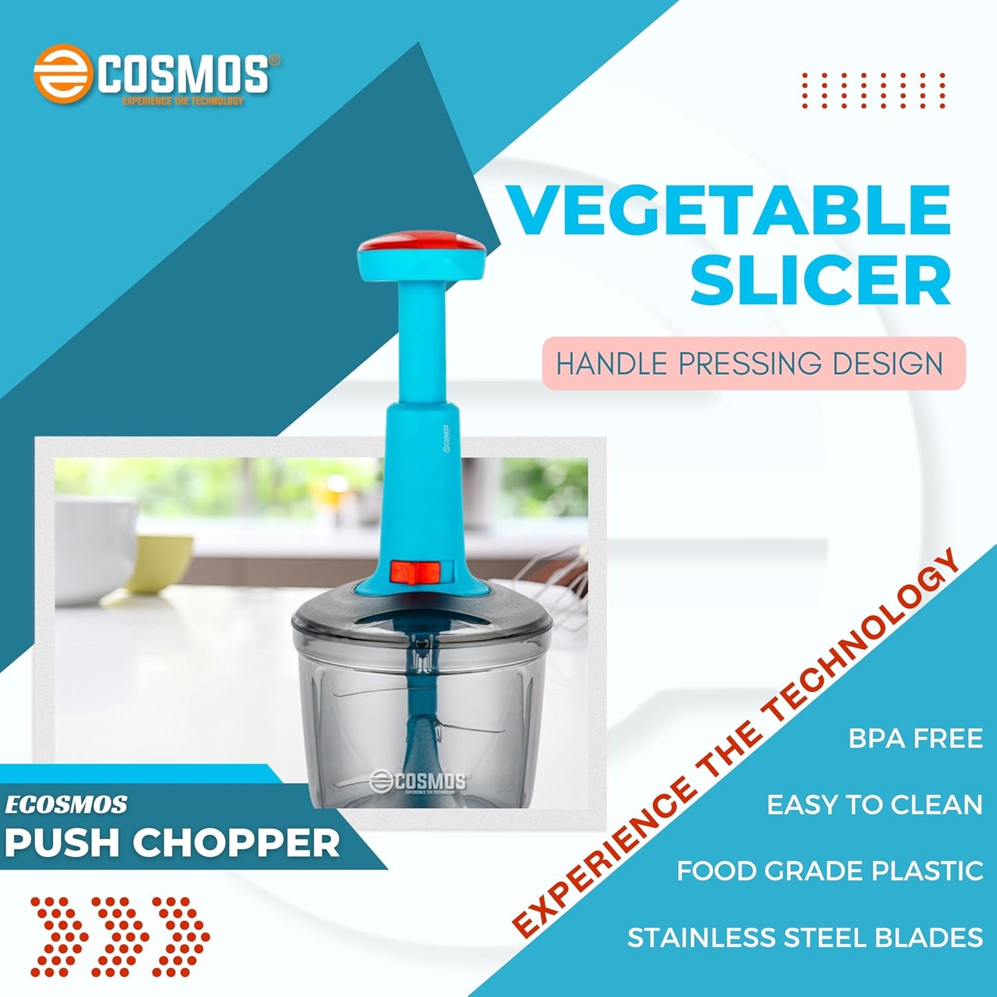 E-COSMOS Food Chopper Manual Hand-Press (Red & Tarquise 1000ml)