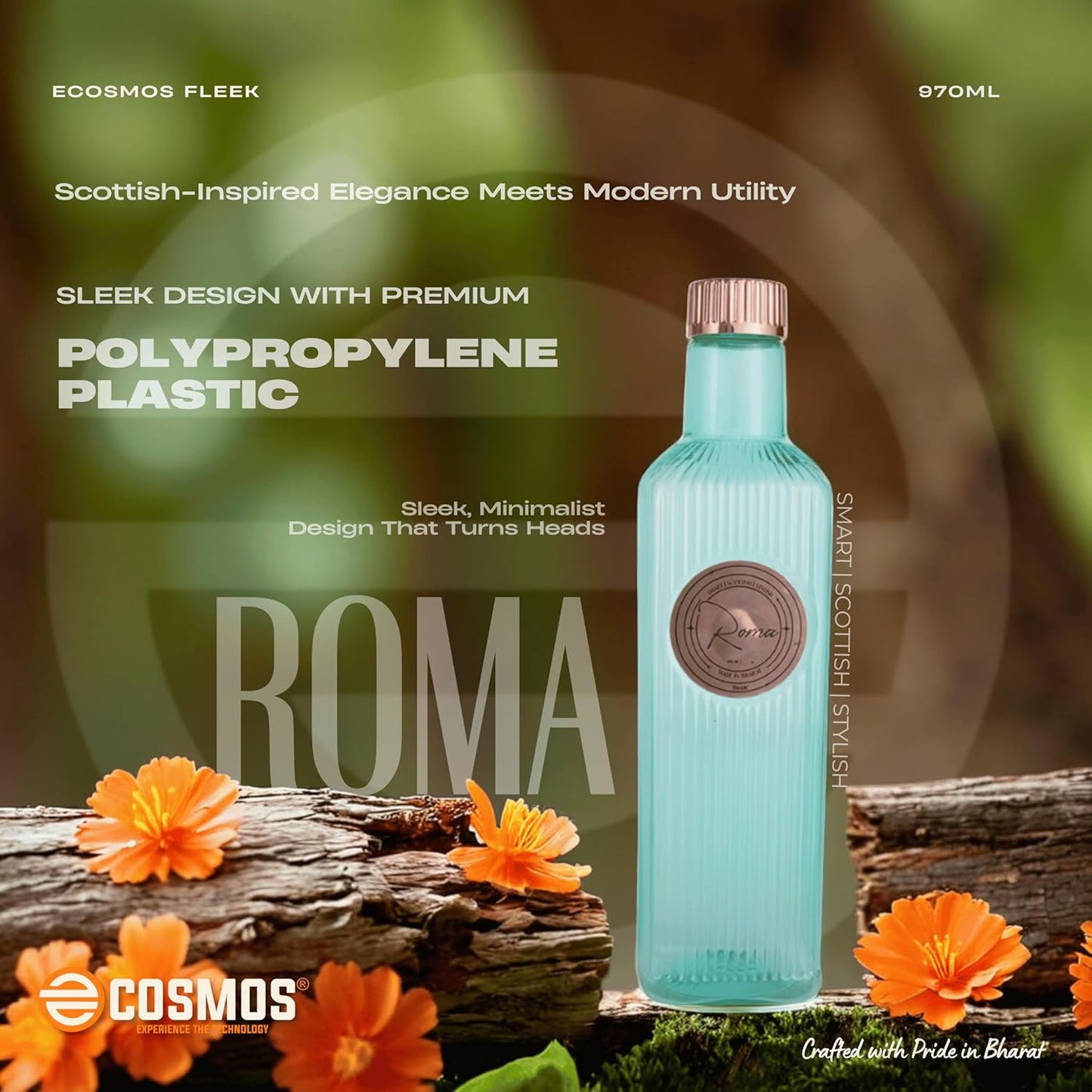 E-COSMOS 970ml Water Bottle - Reusable BPA-Free Fridge Bottle, Durable & Leak Proof for Travel & Work (Roma) (Assorted) POF 1