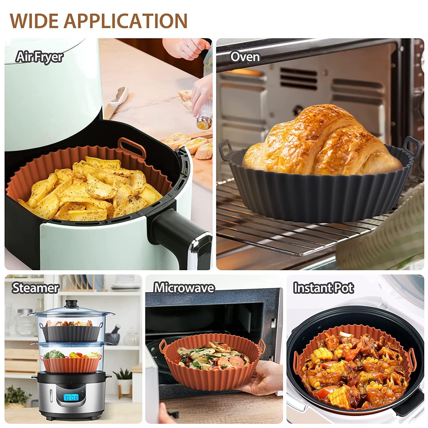 E-COSMOS Nonstick Round Silicone Air Fryer Liners - Reusable Baking Tray with Ear Handles, 8 Inch Multicolor, Perfect for Easy Cooking & Cleanup - Multicolor (8 inch, Pack of 2)