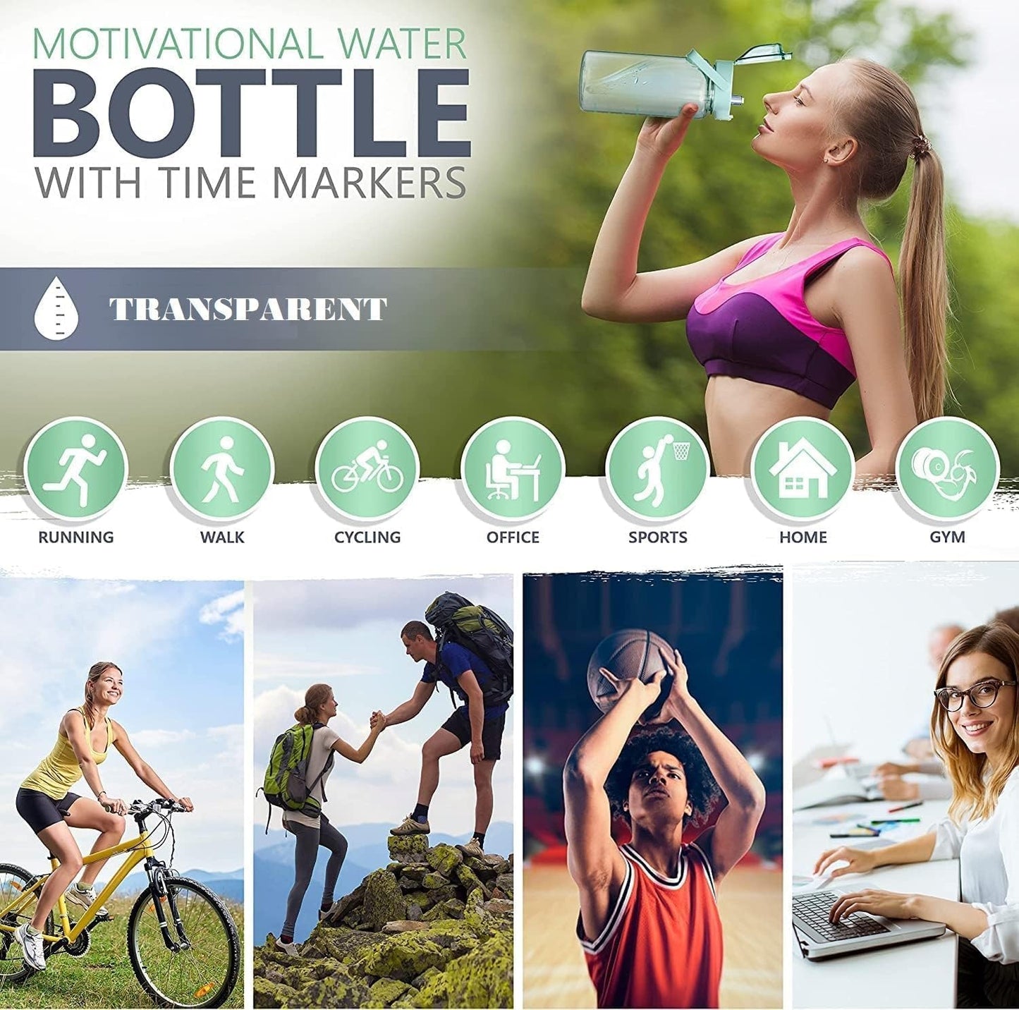 E-COSMOS 2L Capacity Belt Straw Transparent Motivational Water Bottle