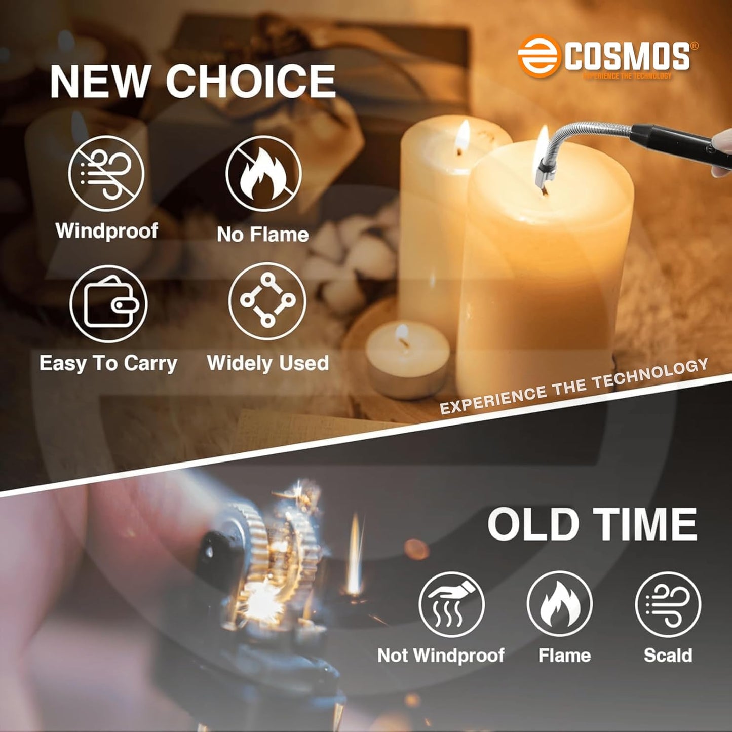 E-COSMOS Electric Lighter for Candles Rechargeable Electric Gas Home Use Candle Plasma Flameless Windproof USB 360° Flexible Neck Arc (Multicolor)