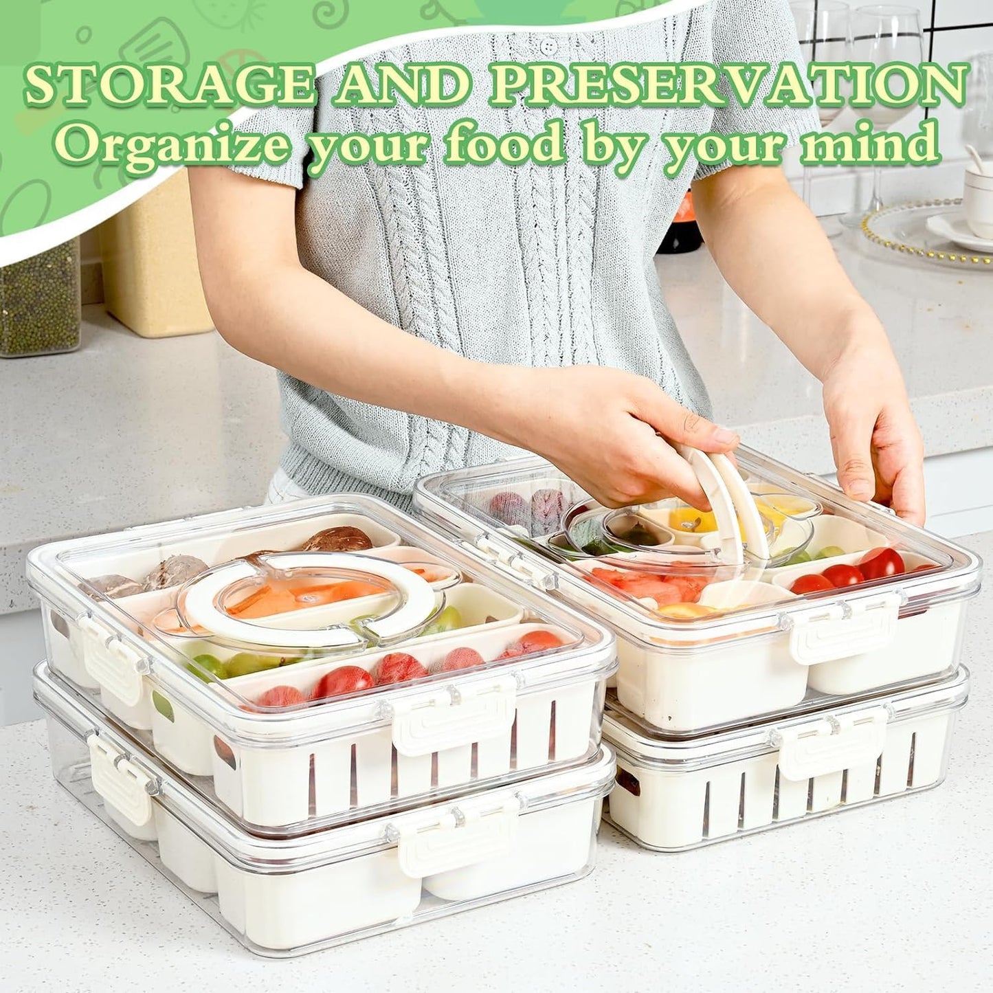 E-COSMOS Ultimate Divided Fridge Storage Solution: 4 Compartment Vegetable Tray with Handle & Lid Fridge Storage Containers,Fridge Organizer with Removable 4 Compartment (Pack Of 1)